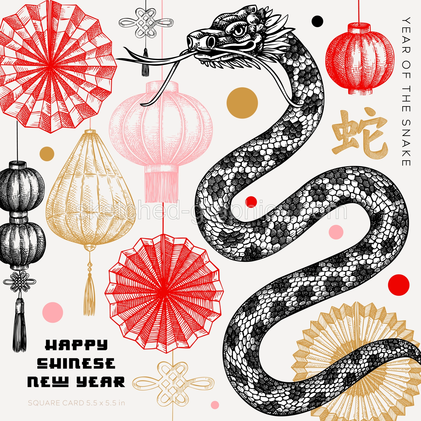 Chinese New Year greeting card. Fantasy snake sketch. Lunar New Year 2025 square design. Hand-drawn vector illustration. Not AI generated Illustration